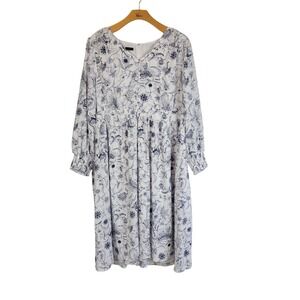 White and Navy Floral Long Sleeve Midi Dress